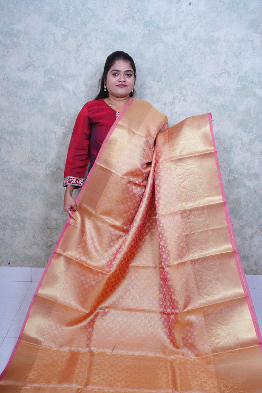 Modern Peach Silk Saree with Contrast Purple Border