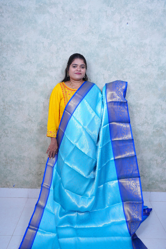 Serene Light Blue Kattan Silk Saree with Royal Blue Border & Brocade Blouse