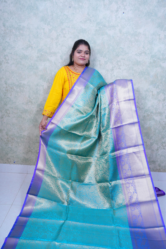 Enchanting Teal Kattan Silk Saree with Royal Blue Border & Brocade Blouse