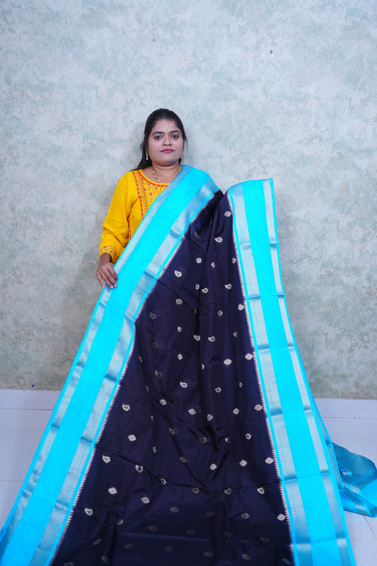 Captivating Dark Blue warm Silk Saree with Teal Border & Brocade Blouse