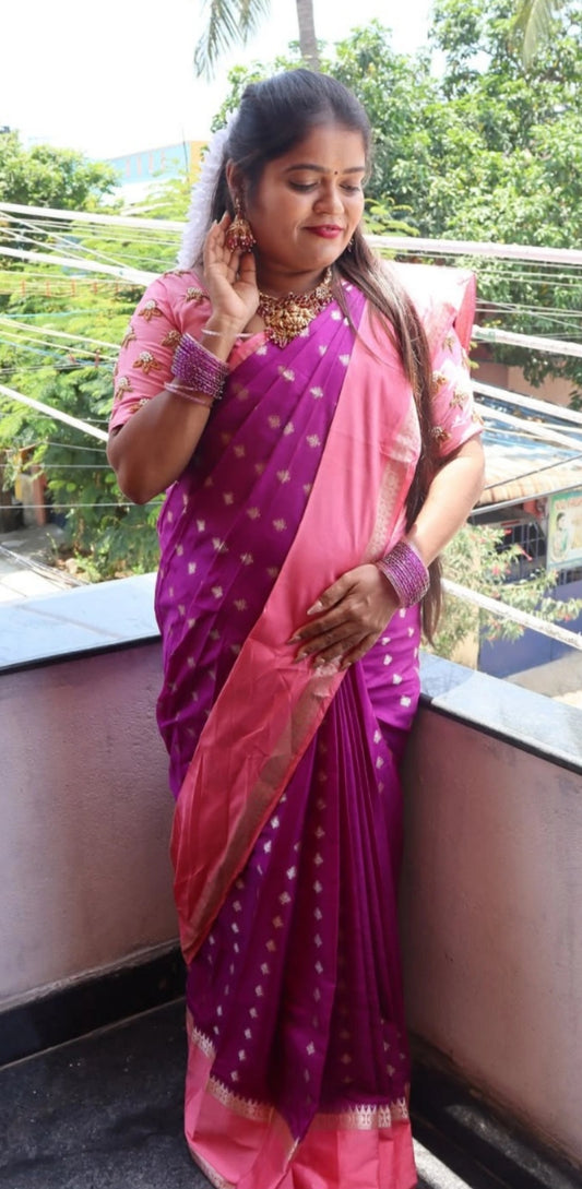 Elegant Rose Pink warm Silk Saree with Peach Border & Brocade Blouse