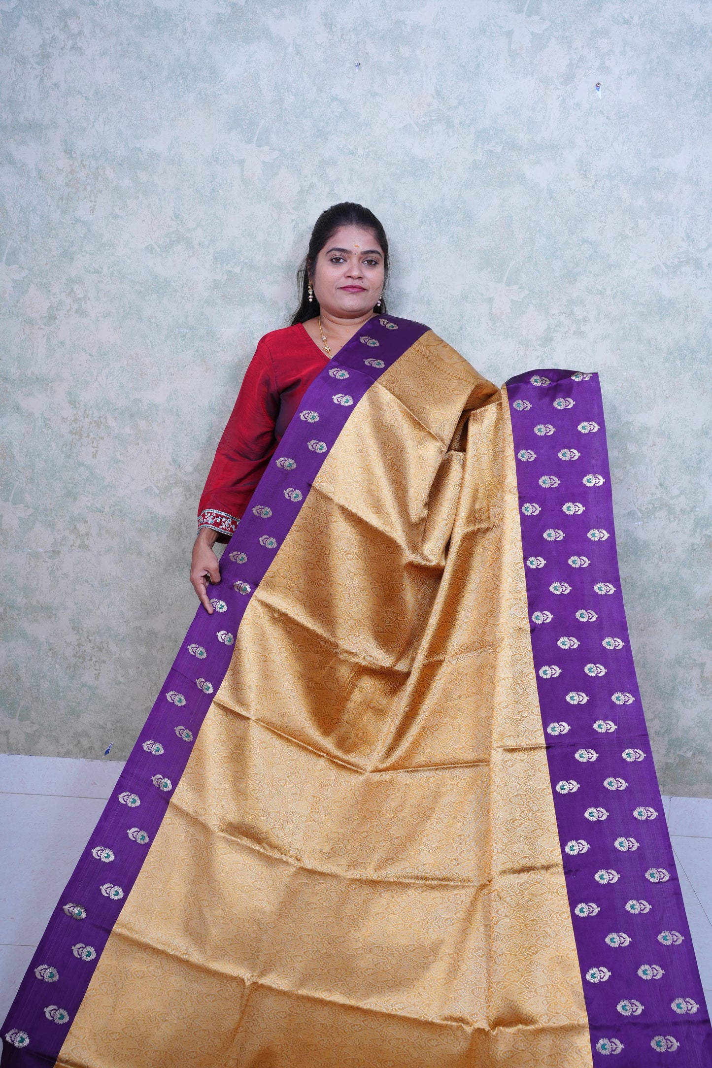 Royal Gold Kattan Silk Saree with Purple Border & Brocade Blouse