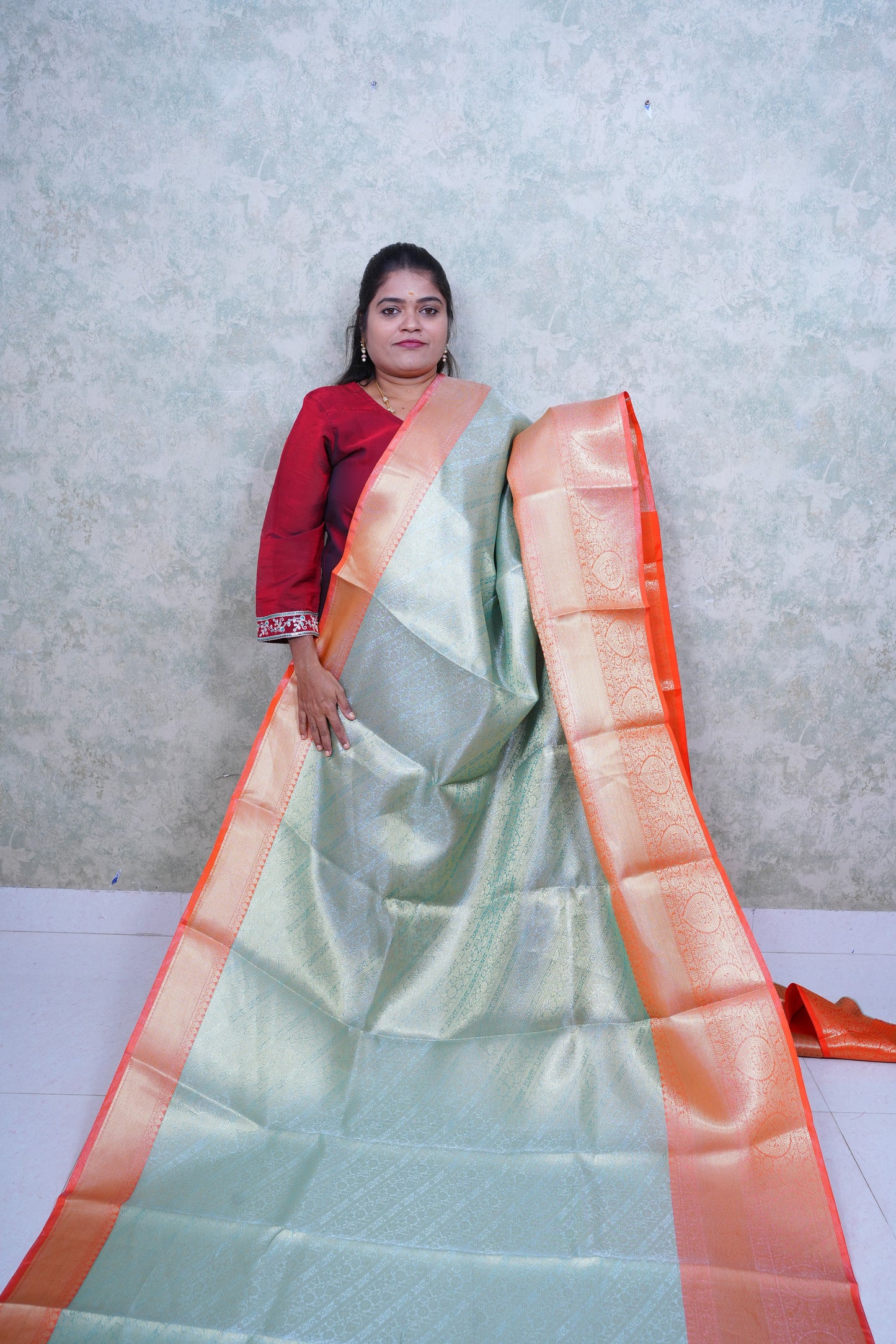 Vibrant Green Kattan Silk Saree with Orange Border & Brocade Blouse