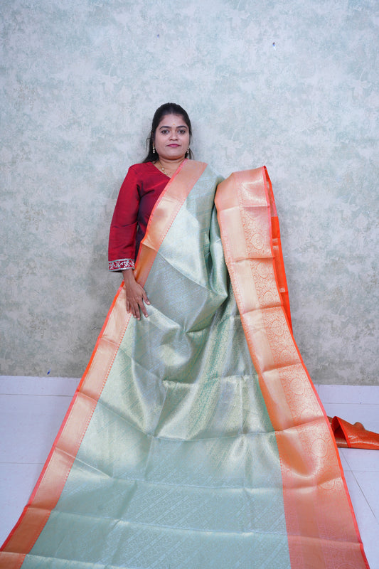 Vibrant Green Kattan Silk Saree with Orange Border & Brocade Blouse