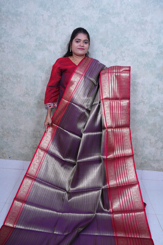 Royal Purple Kattan Silk Saree with Silver Weave & Red Border