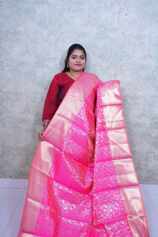 Regal Pink Kattan Silk Saree with Golden Weave & Brocade Blouse