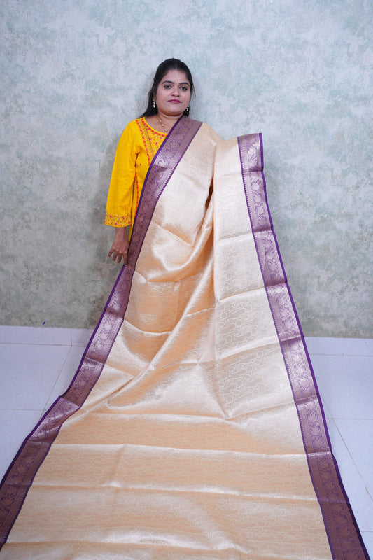 Elegant Beige Kattan Silk Saree with Royal Purple Border & Brocade Blouse