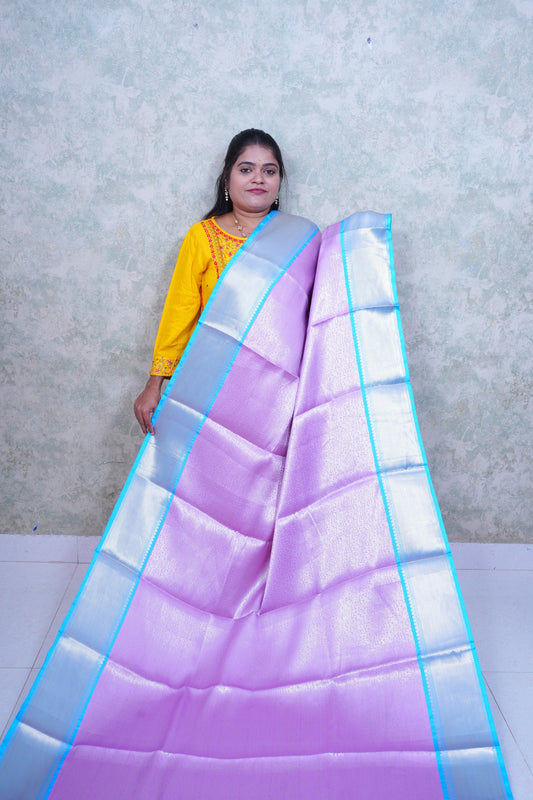 Graceful Pink Silk Saree with Contrast Blue Border