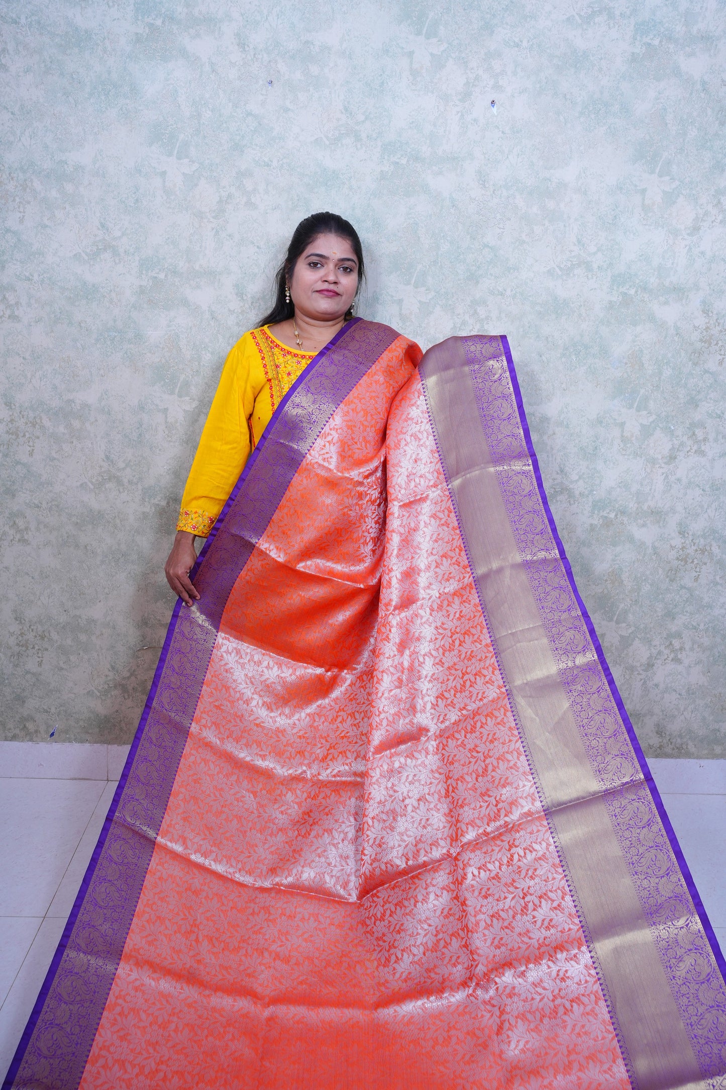 Vibrant Orange Kattan Silk Saree with Purple Border & Brocade Blouse