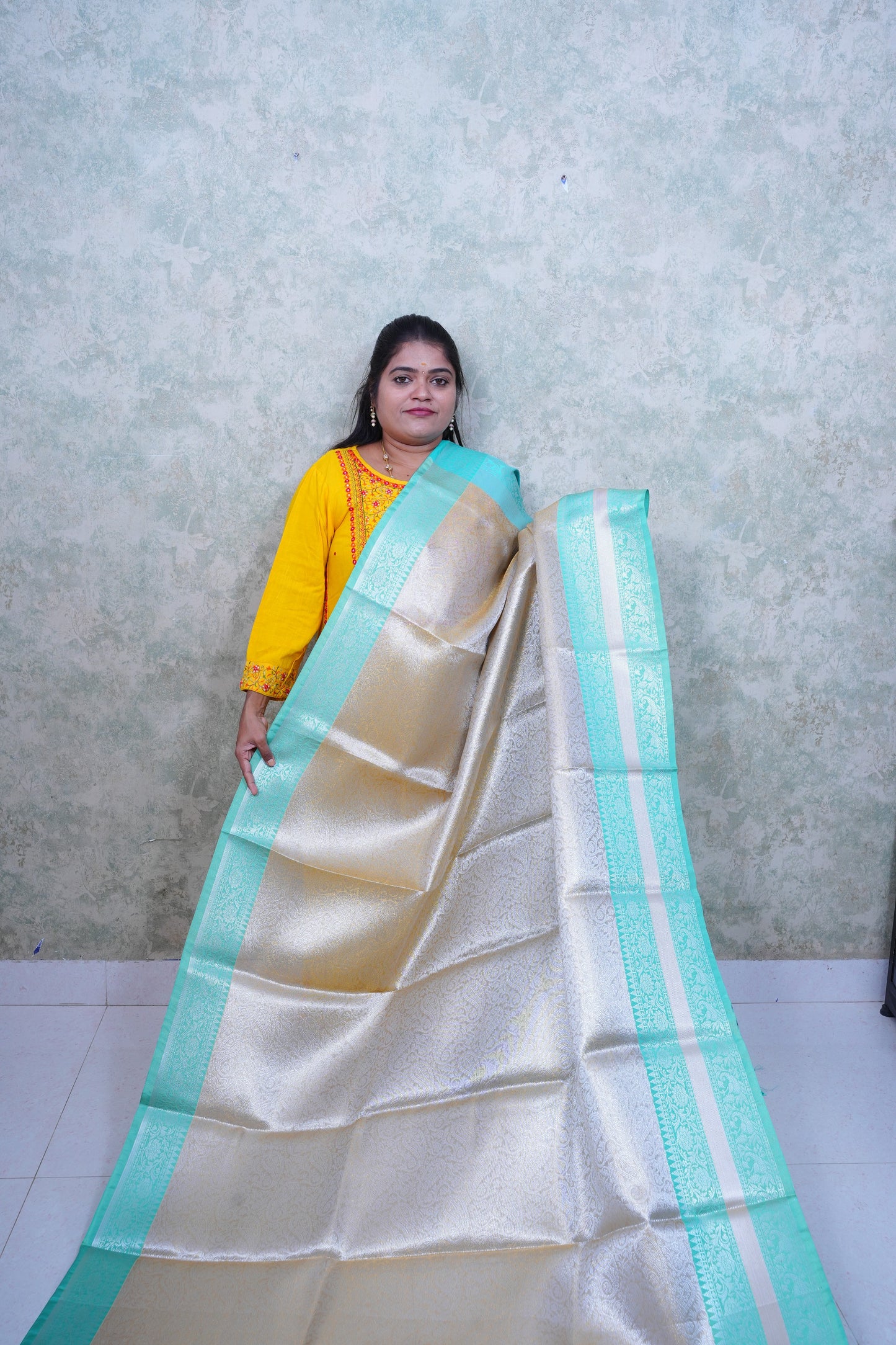 Luminous Light Golden Kattan Silk Saree with Teal Blue Border & Brocade Blouse