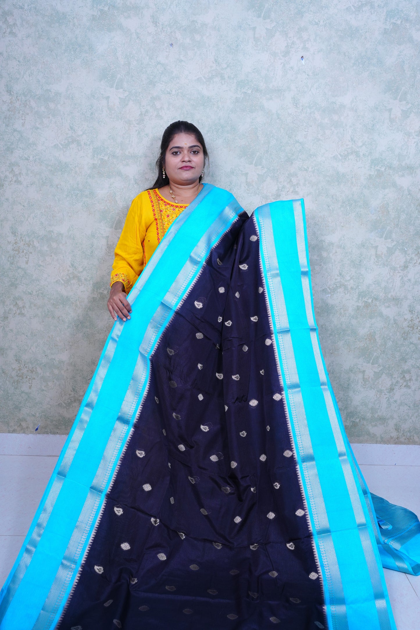 Captivating Dark Blue warm Silk Saree with Teal Border & Brocade Blouse