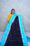 Captivating Dark Blue warm Silk Saree with Teal Border & Brocade Blouse