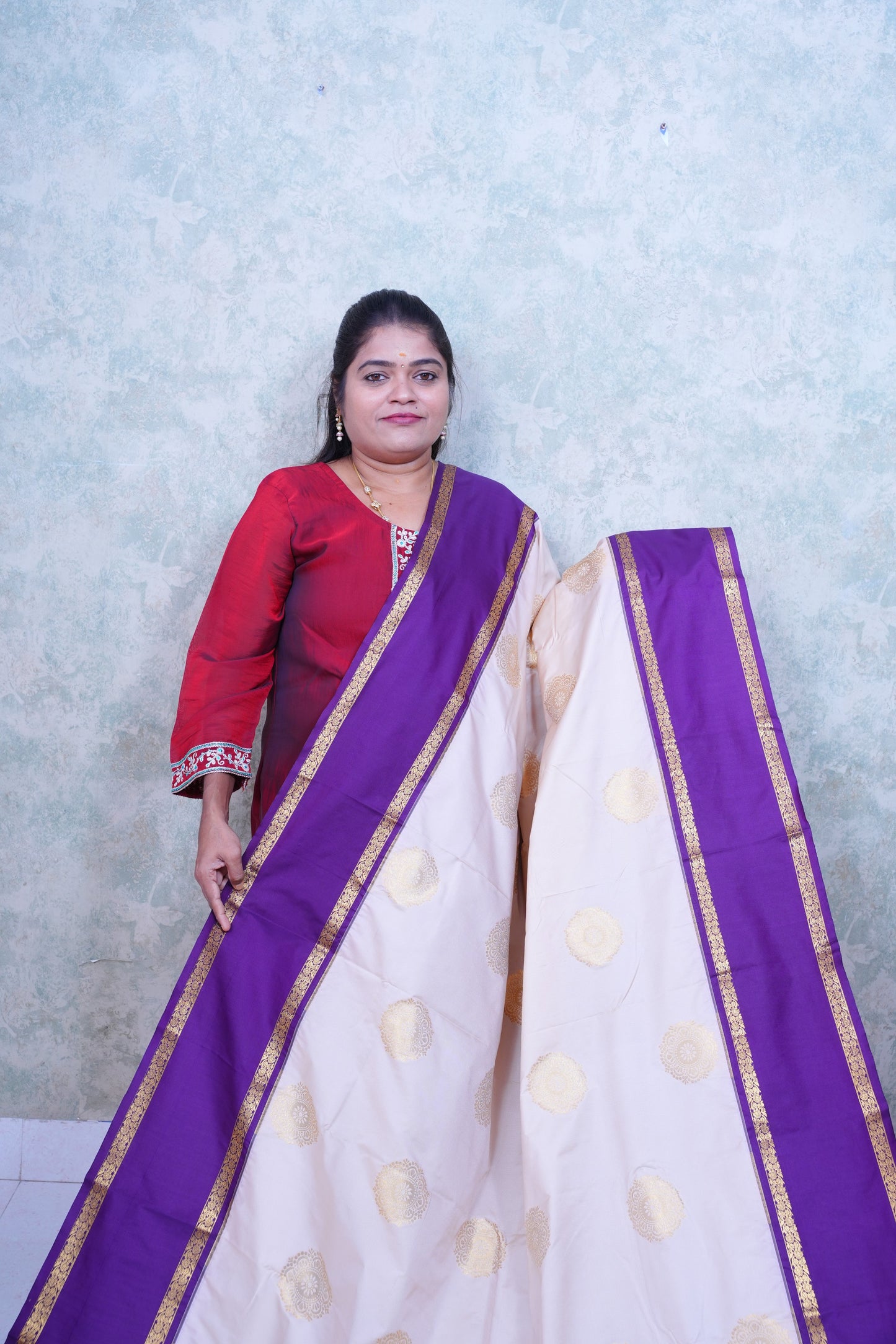 Elegant Light Peach Kanjivaram Silk Saree with Purple Border & Contrast Blouse