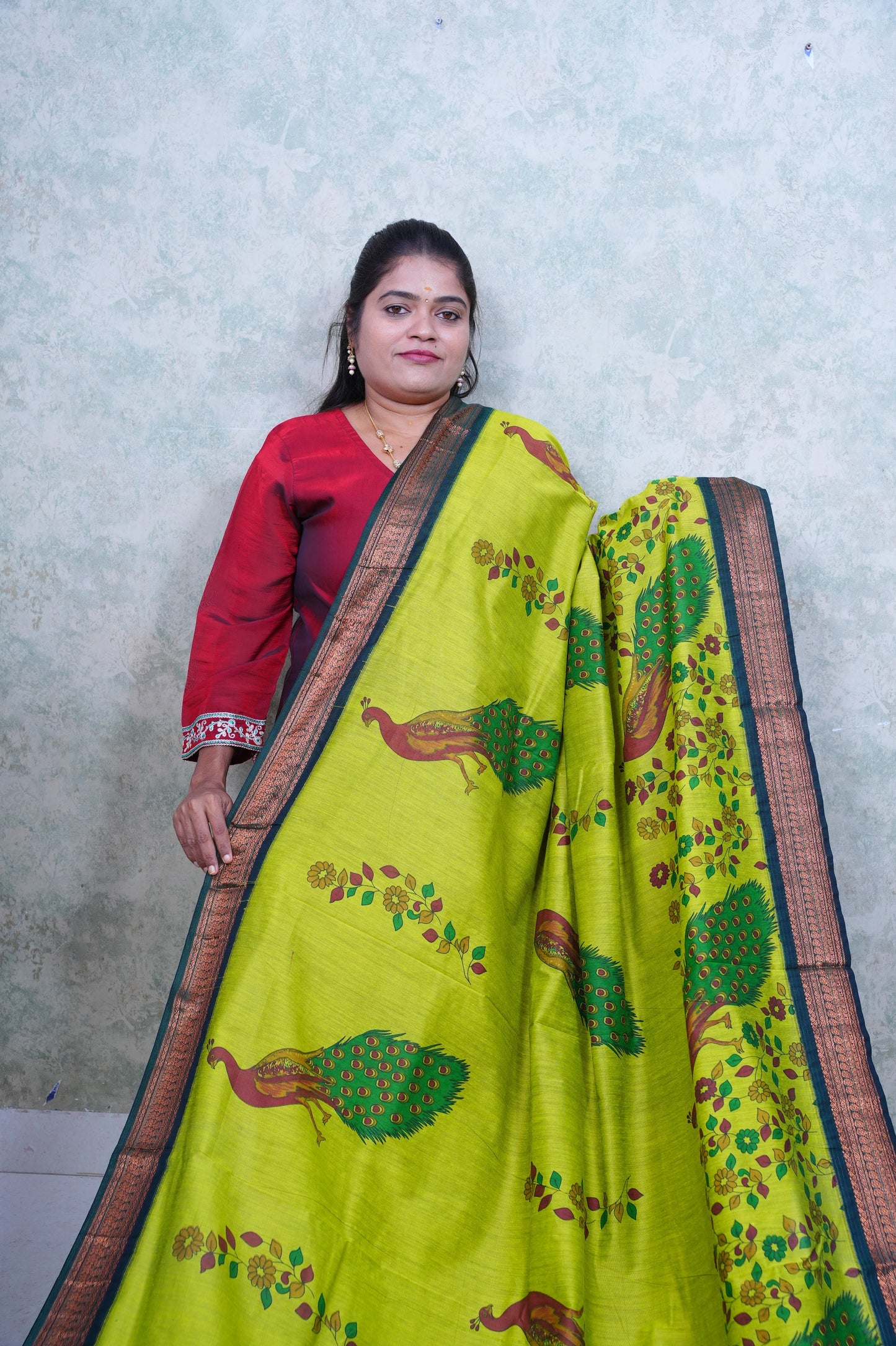 Elegant Parrot Green Kalyani Cotton Saree with Peacock Motifs & Contrast Blouse