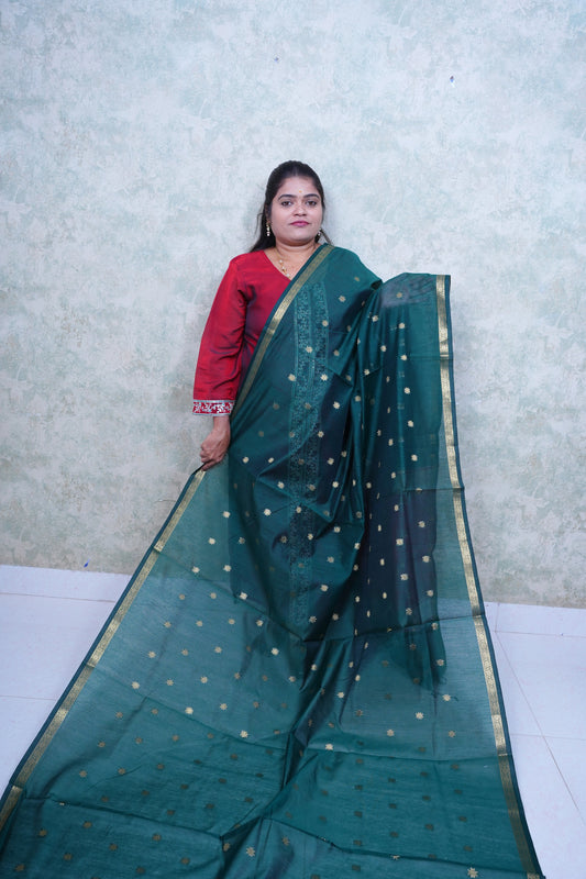 Elegant Dark Teal Maheshwari Cotton Saree with Contrast Blouse