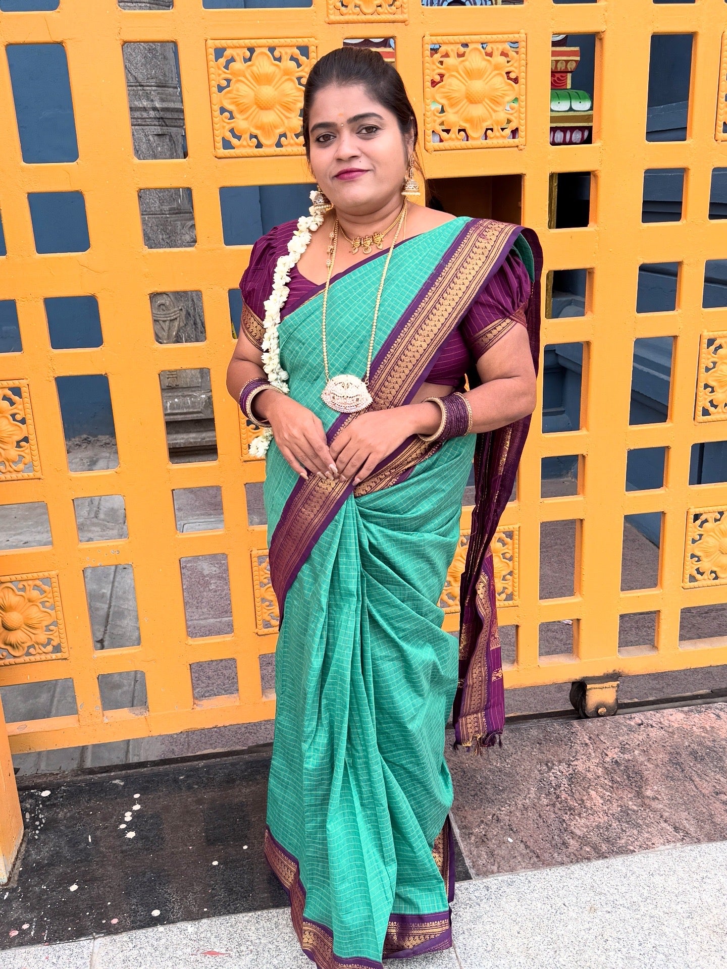 Elegant Green Kalyani Cotton Saree with Maroon Border & Blouse