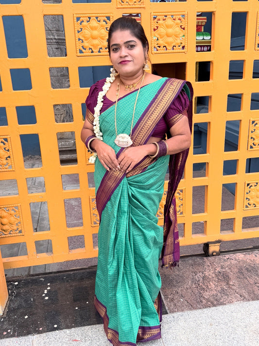 Elegant Green Kalyani Cotton Saree with Maroon Border & Blouse