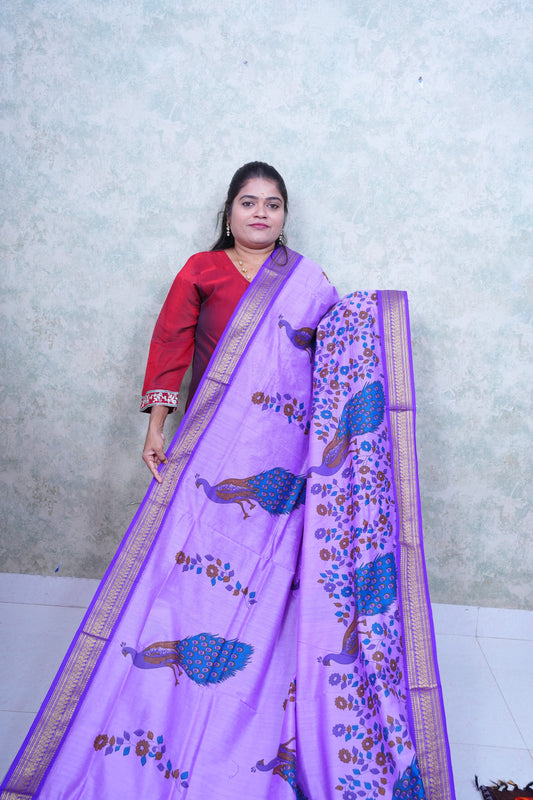 Elegant Light Purple Kalyani Cotton Saree with Peacock Motifs & Contrast Blouse