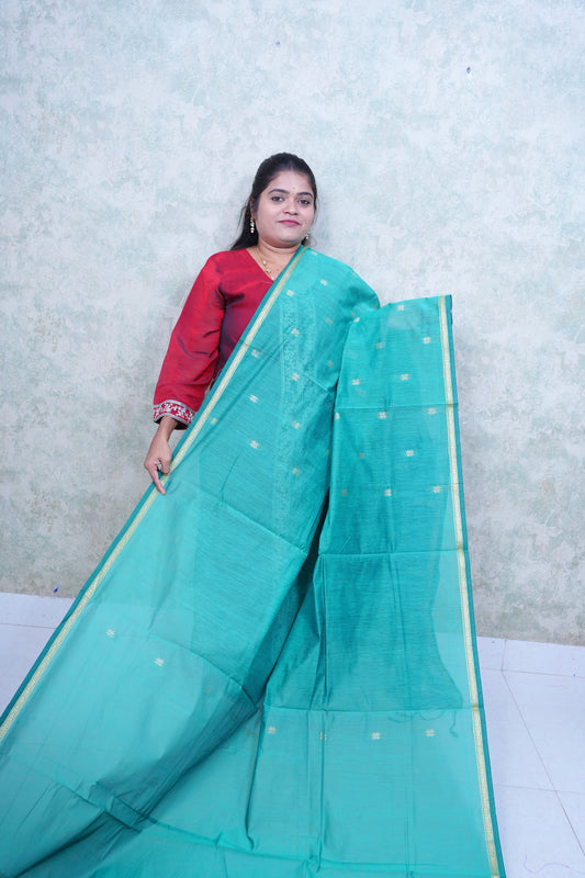 Vibrant Teal Maheshwari Cotton Saree with Contrast Blouse