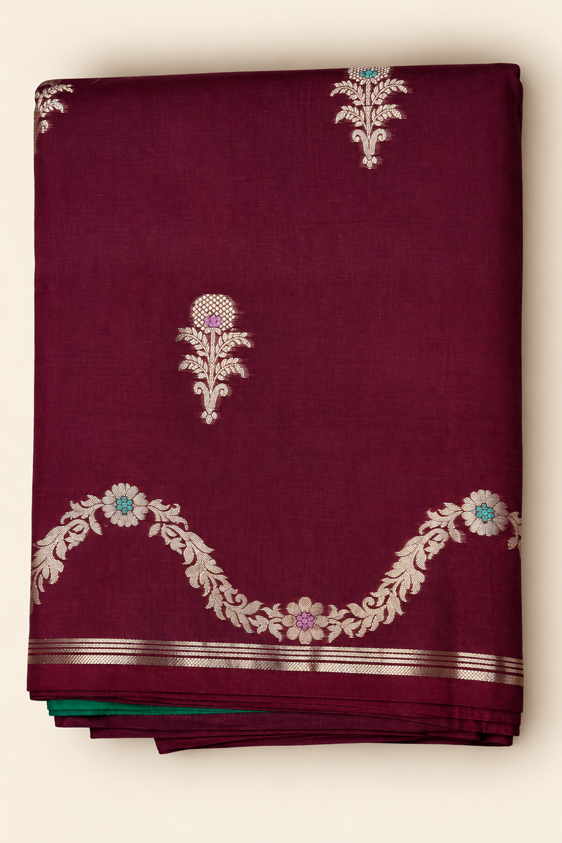 PURE MANGO SILK SAREE ( MARRON/ GREEN ) ( BLOUSE IN GREEN )