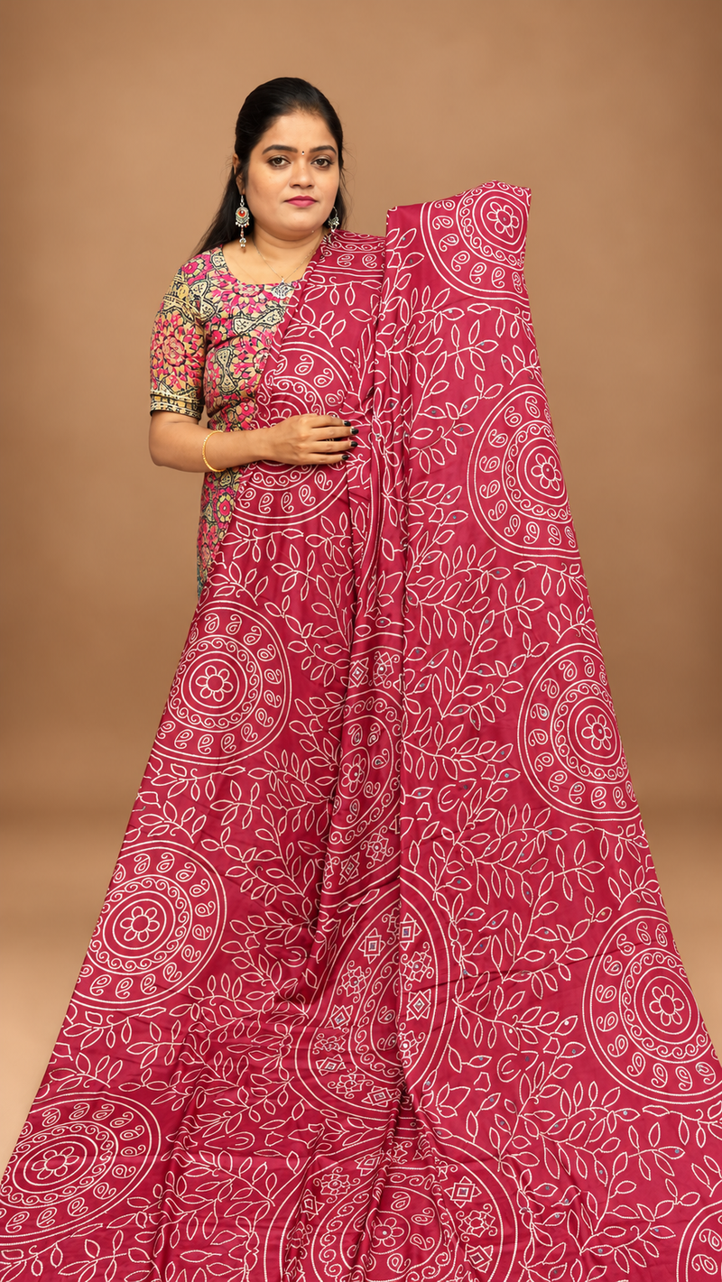 MODEL SILK AJRAKH PRINT SAREE WITH MIRROR WORK
