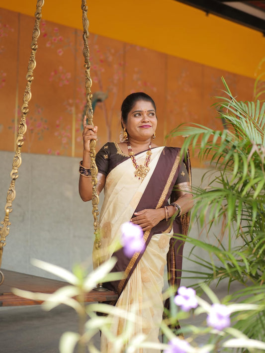 PREMIUM KANCHI SILK SAREE ( CREAM WITH BROWN )