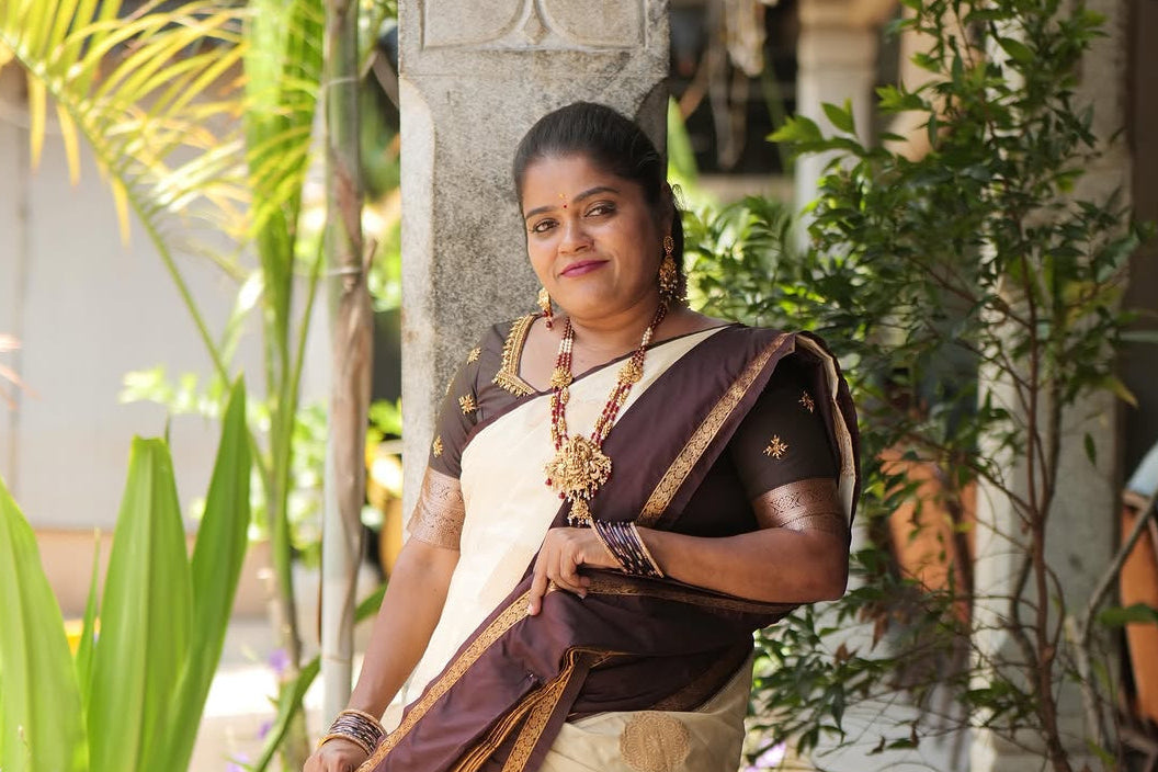PREMIUM KANCHI SILK SAREE ( CREAM WITH BROWN )