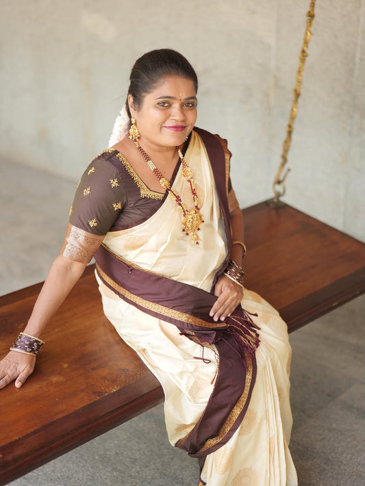 PREMIUM KANCHI SILK SAREE ( CREAM WITH BROWN )