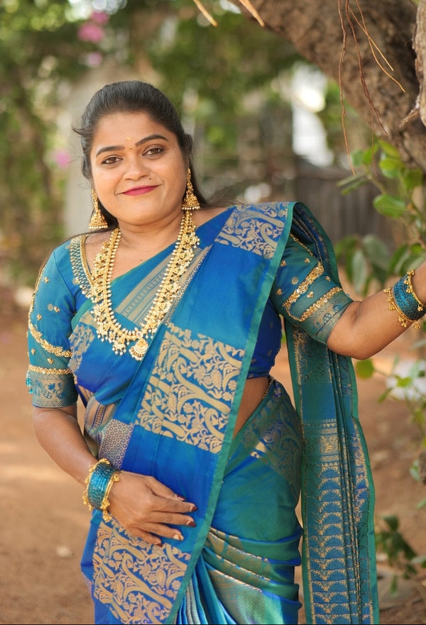 KANCHI SOFT SILK SAREE ( BLUE GREEN) ( 3 WEEKS pre booking)